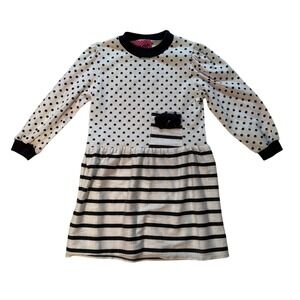 Y2K Vintage Take Off Kids Polka Dot Striped Dress Black White Bow Size 5/6 USA
